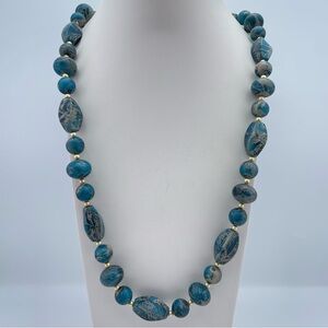 Gorgeous Blue Marbled Lucite Bead Necklace 30” Long Gold Tone Spacer Beads
